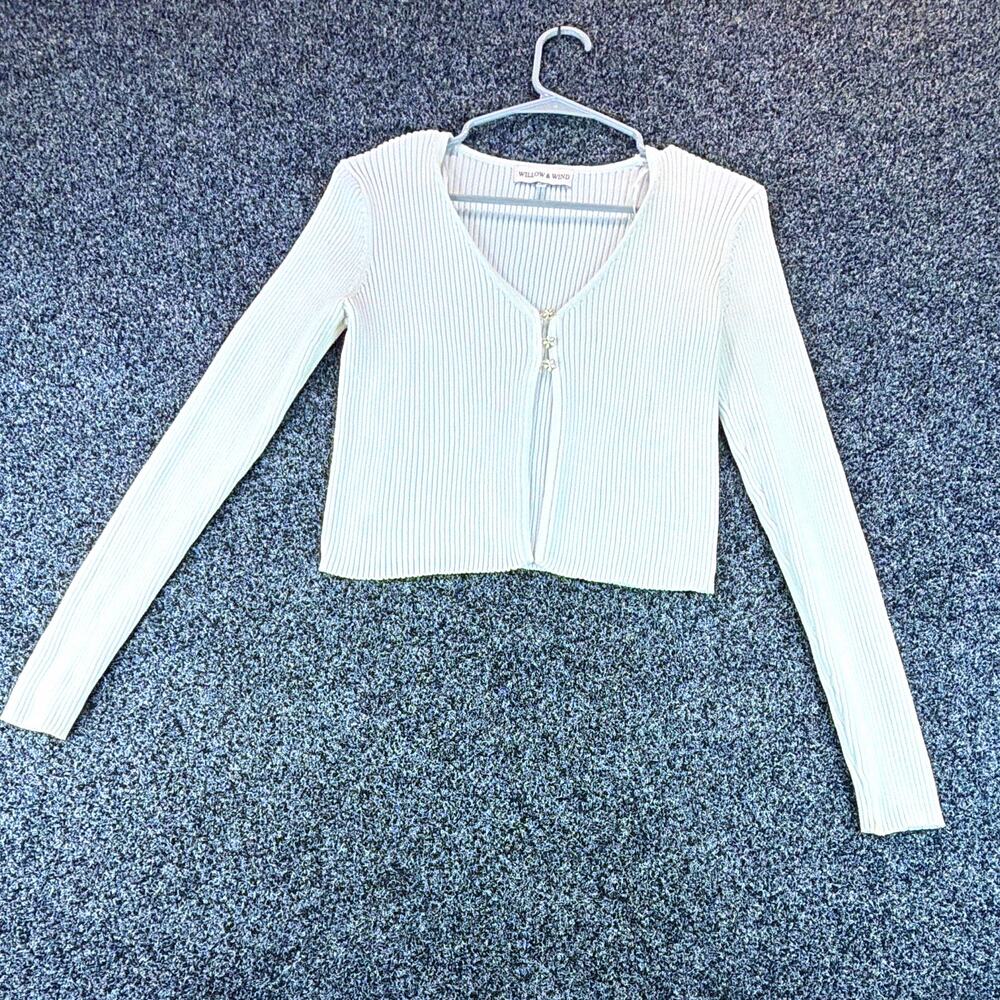 Willow & Wind Women's White Ribbed Knit V-Neck Cardigan Sweater Size S